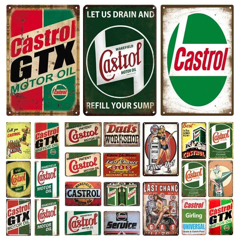 Tin Sign Vintage Garage Gas Station Decor Wall Plate Poster Motor Oil Gas Castrol Metal Signs Crafts Decoration Tinplate Plaques