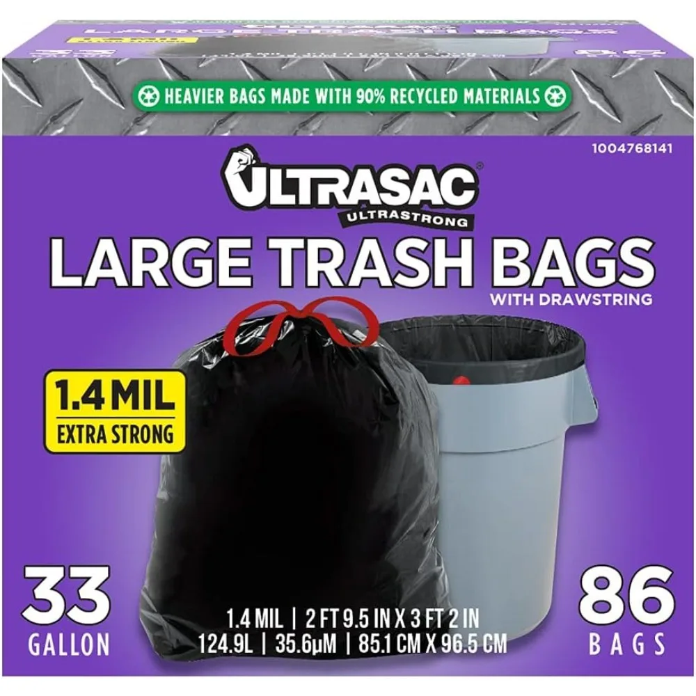 

Black Large Heavy Duty Drawstring Trash Bags 33 Gallon 1.4 MIL, 33.5" x 38" - Pack of 86 - For Home, Commercial, Construction,