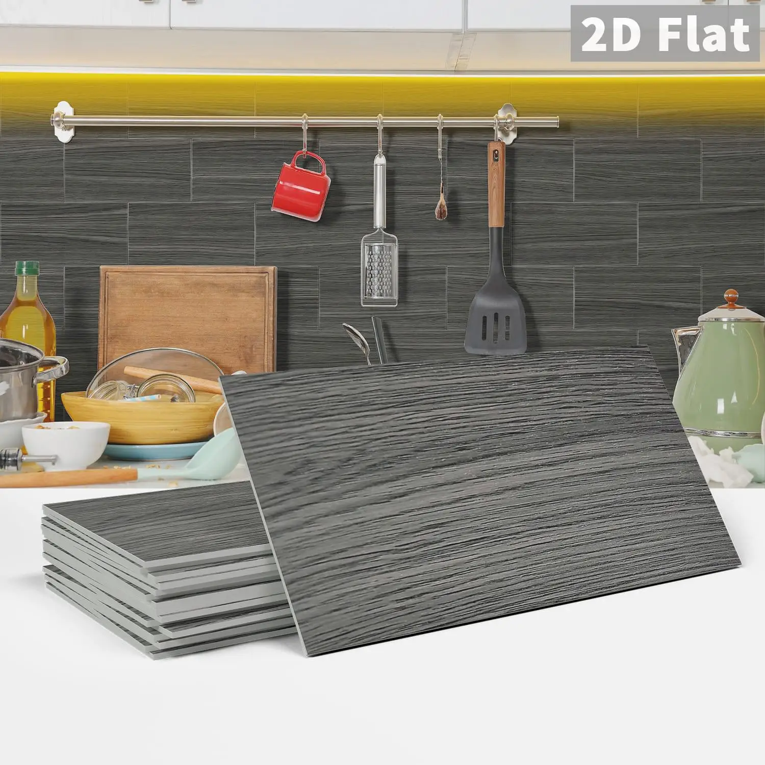2D Flat Gray Wood Grain Self-Adhesive Wall Stickers Peel and Stick Tile for Home Kitchen Bathroom Decor 16/32/64PCS 4x8 Inch
