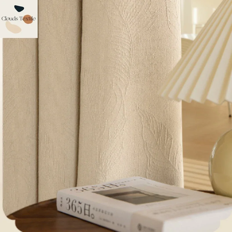 

Simple Fashion Cream Luxury Curtains for Living Room Blackout Bedroom Elegant Window Tulle Solid Color Leaf Embossing Customize