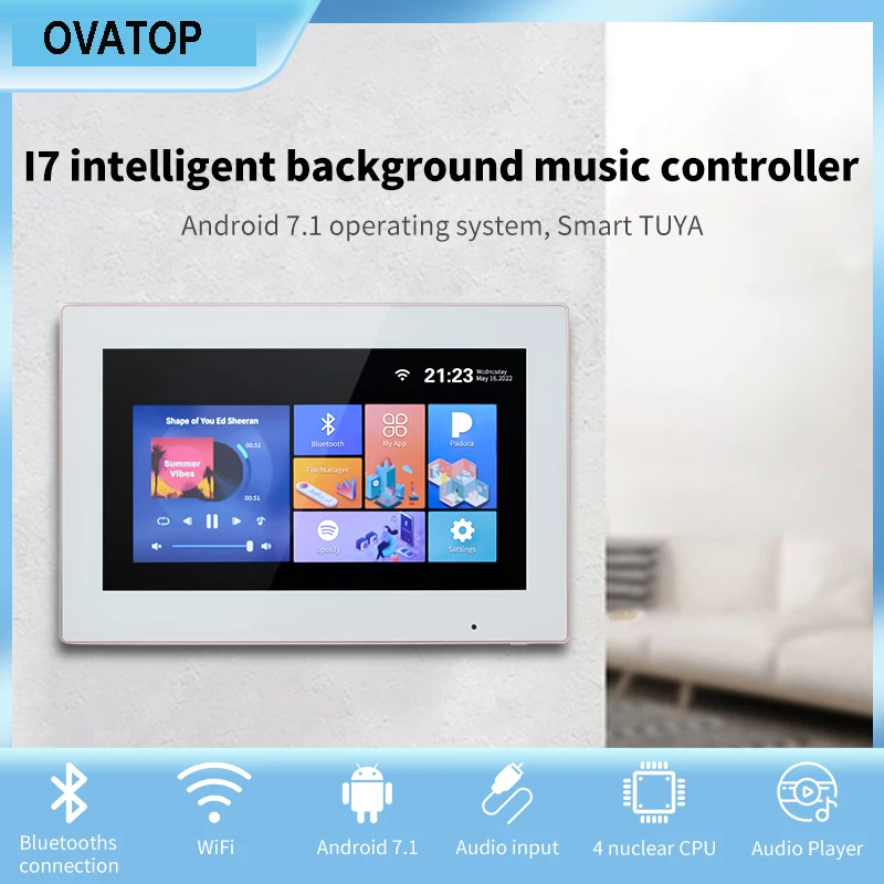 7 Inch TUYA Smart Home WiFi Bluetooth In Wall Amplifier Hotel Sound Audio Home Theater System Android 7.1 USB/SD Card I7