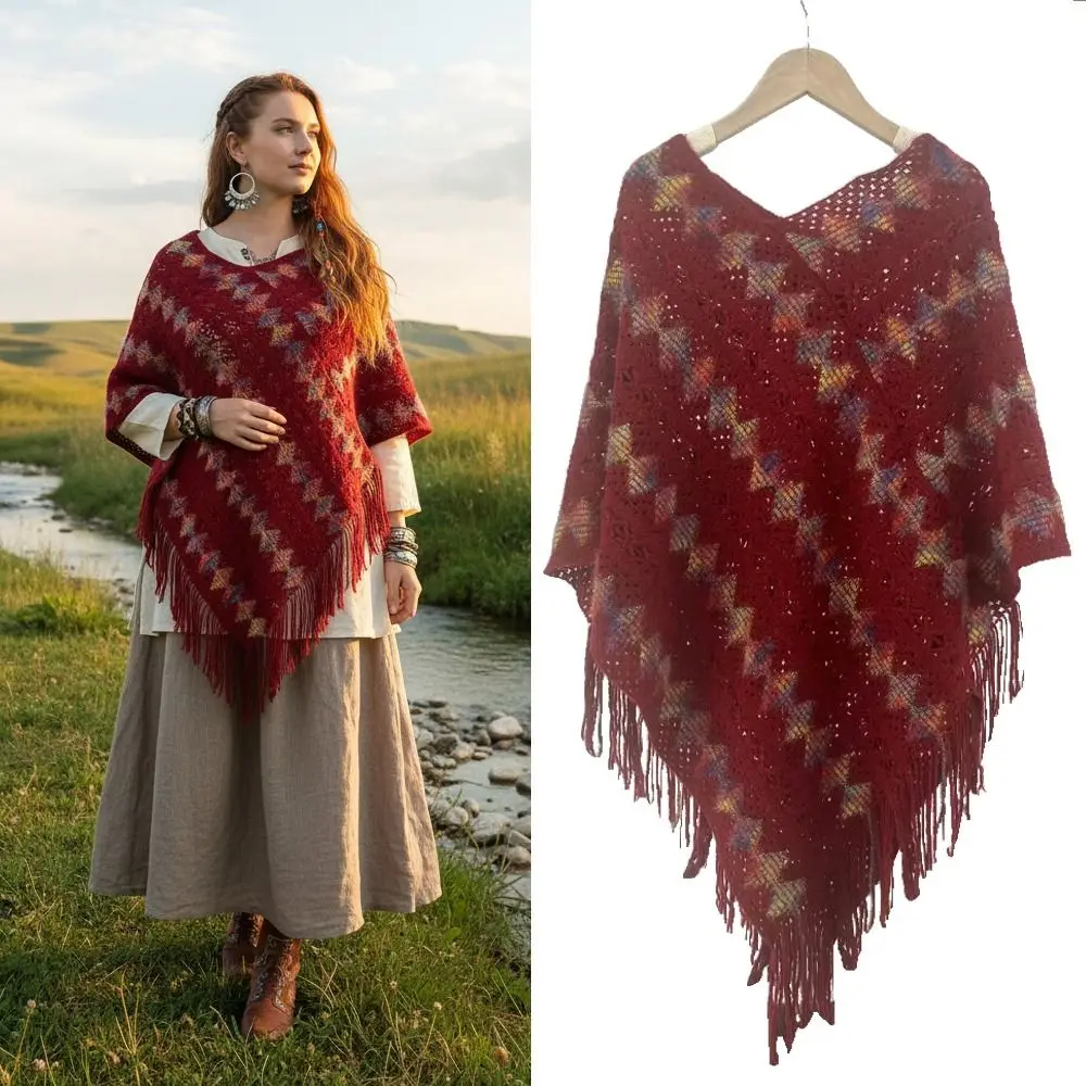 

Модный вязаный пуловер в этническом стиле, шаль, зимняя теплая элегантная полосатая шаль с кисточками, монгольское пончо, женская мода