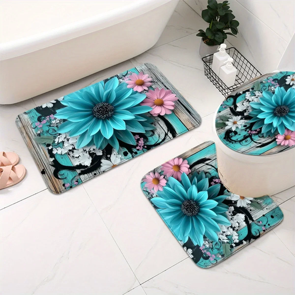 3Pcs Teal Sunflower Rustic Wooden Bathroom Rug Set, Vintage Turquoise Sunflower Daisy Floral Weathered Wood Board Print Non‑Slip Bath Mat, U‑Shaped Contour Rug and Toilet Lid Cover, Country Farmhouse Bathroom Floor Decor Mats