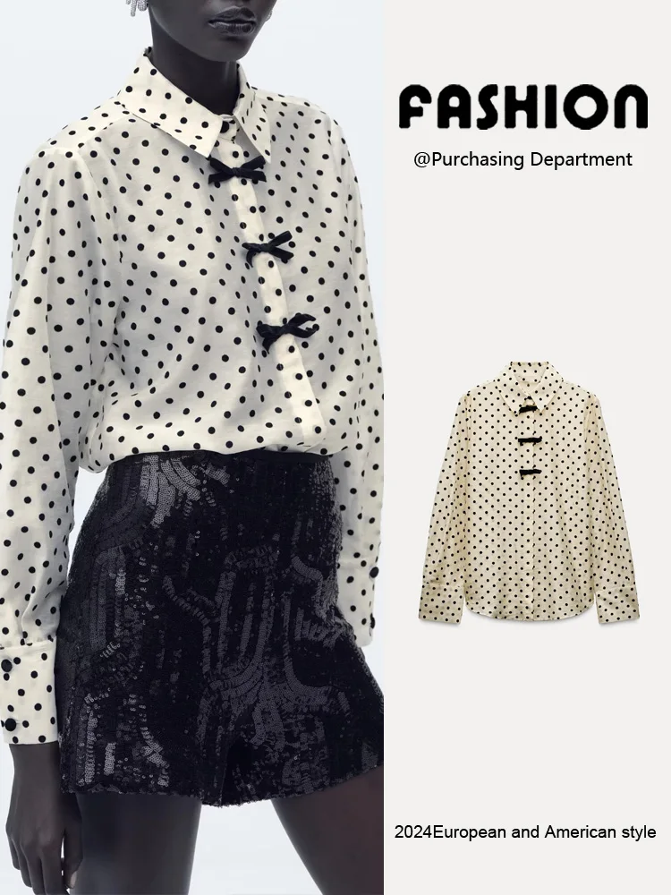 

Spring New Arrival Women's irt Knot Decorated Polka Dot Long Sve Casual Versatile Collared Blouse 236493
