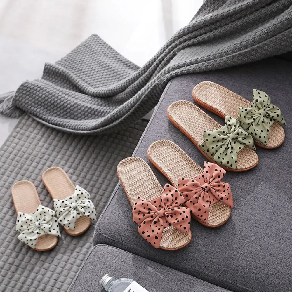 

Тапочки на плоской подошве с мягкой подошвой и бантом из ПВХ, противоскользящие милые шлепанцы, сандалии, пляжная обувь, льняные тапочки в корейском стиле, женская уличная одежда