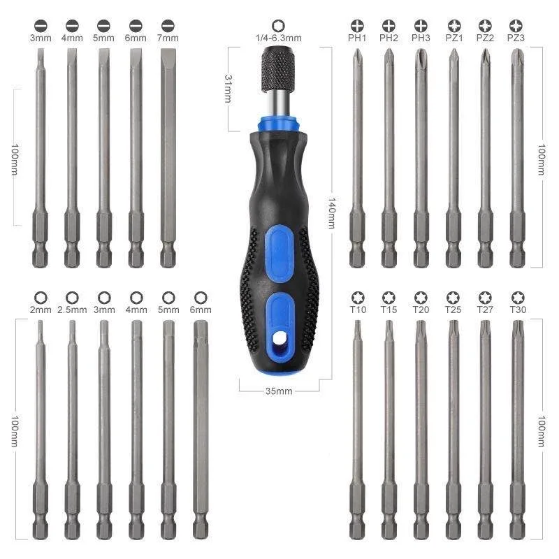 25Pcs/set L100mm Screwdriver Bits with Replace the handle Household repairing Tool  CR-V Bits