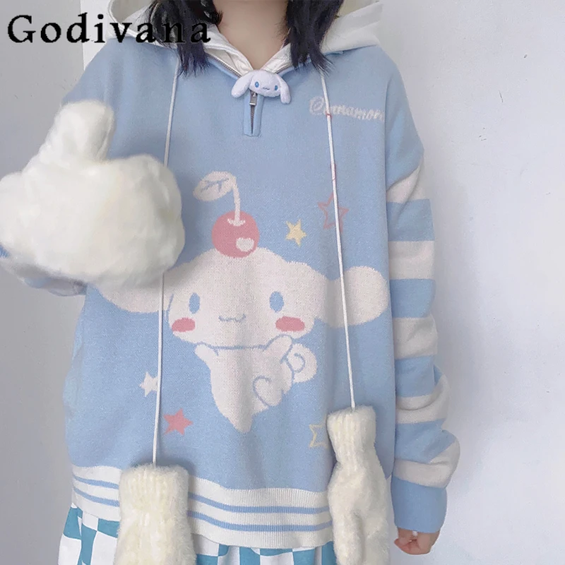 Japanese Girly Sweet Y2k Cartoon Jacquard Lolita Sweater Autumn Fashion JK Loose Slim Student Kawaii Coat Women Elegant Sweater