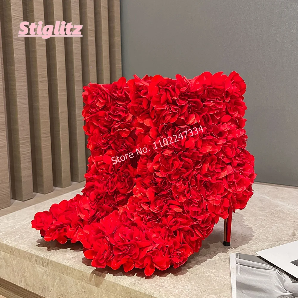 Red Rose Flower Ankle Boots Women's Solid New Arrival Luxury Pointed Toe Stiletto Side Zipper footwear Commute Shoes Black