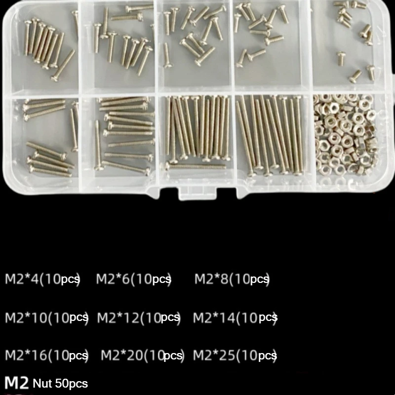 M2 Carbon Steel Long Screw Round Pan Head Phillips Bolts Nuts Kit DIY Model Screws Set