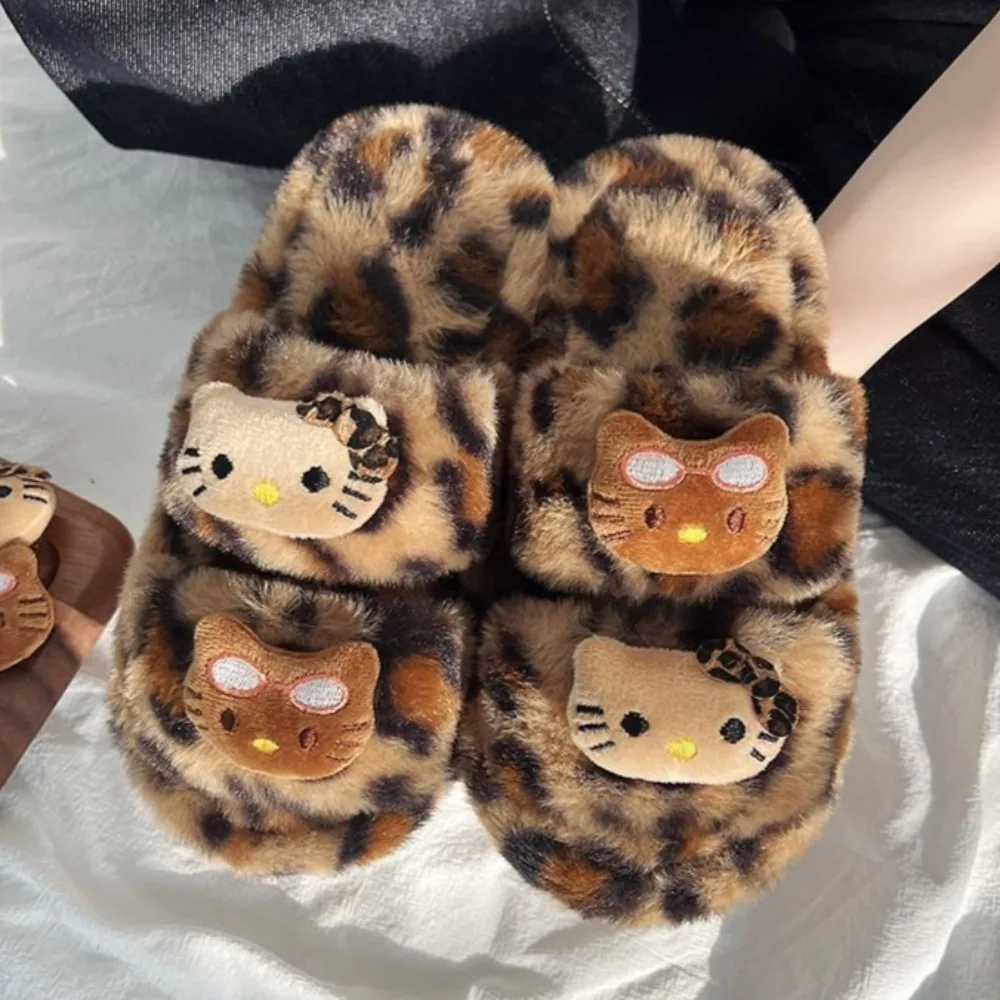 New Hello Kitty Cotton Mop Sanrio Originality Leopard Print Keep Warm Plush Slipper New Autumn Winter Style Non-slip Flat Shoes