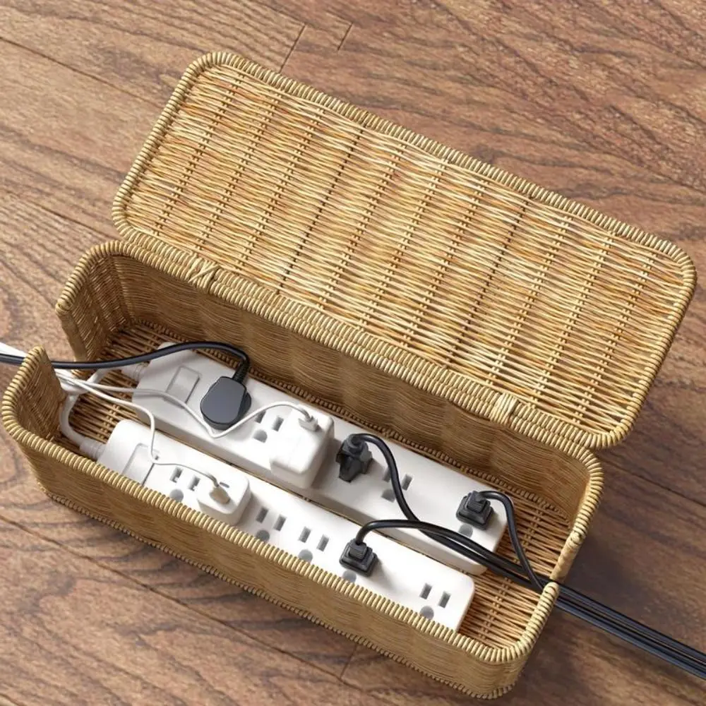 Handwoven Cable Management Box 2 Open Slots Hide Power Strip and Router Imitation Rattan Box with Lid Cord Organizer Hider Box