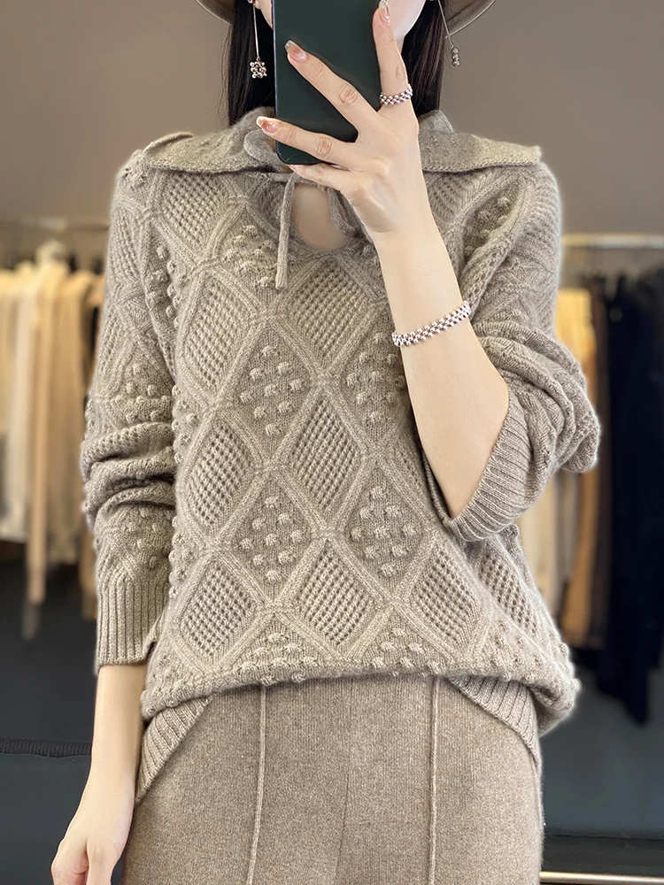 Addonee sweter Pullover kerah pelaut berongga wanita sweter musim semi musim gugur kenyamanan Grace 100% atasan rajut wol Merino atasan gaya Korea