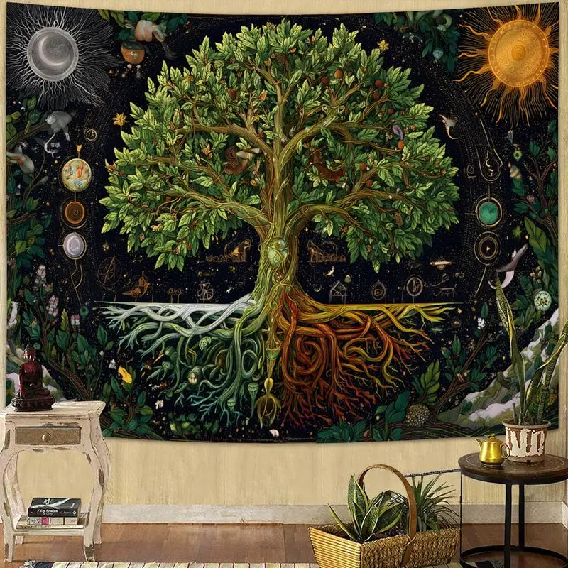 VIKAMA Tree of Life Tapestry Green Mystical Sun Moon Roots Wall Hanging Boho Celestial Bedroom Living Room Wall Art Decor
