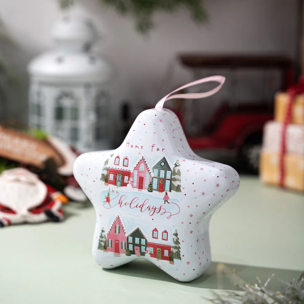 

Multi-Functional Christmas Tin Box Cartoon Design with Rope Star Shaped Box Elegant Style Sweet Christmas Gift Box