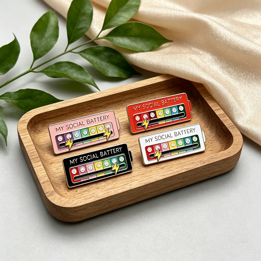 4pcs My Social Battery Brooch For Women Men Creative Slideable Mood Pins Enamel Badge Funny Creative Gifts for Backpack