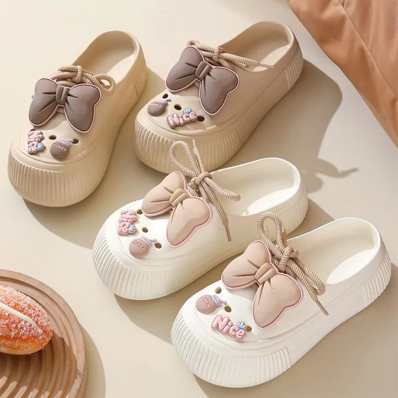 Cute Bow Garden Shoes 2024 New Summer Wearing Sandals Thick Soled Home EVA Bao Head Slippers Wear Non-slip Women Beach Slippers