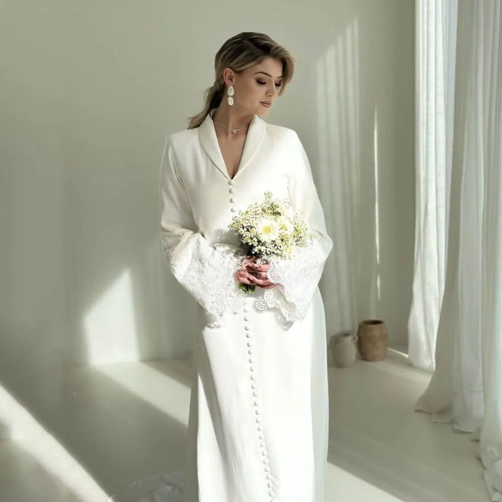 Muslim Wedding Dresses Long Sleeve Modest Gown Elastic Satin Button Lace Cuff Bridal Gown Simple White Wedding Dress Customized