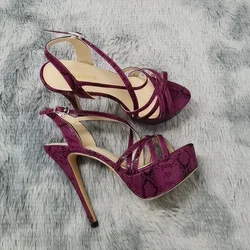 Women Sandals Catwalk Shows 14CM Open Toe Platform High Heels Snake Pattern Stilettos Sexy Ankle Strap Gladiator Party Shoes