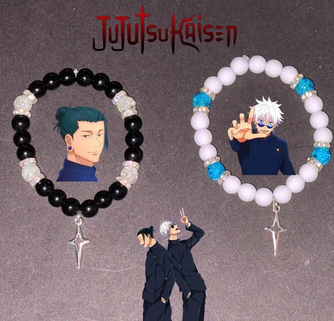 Handmade Jujutsu Kaisen Gojo and Geto couple bead bracelet for him, her millennium bug gift