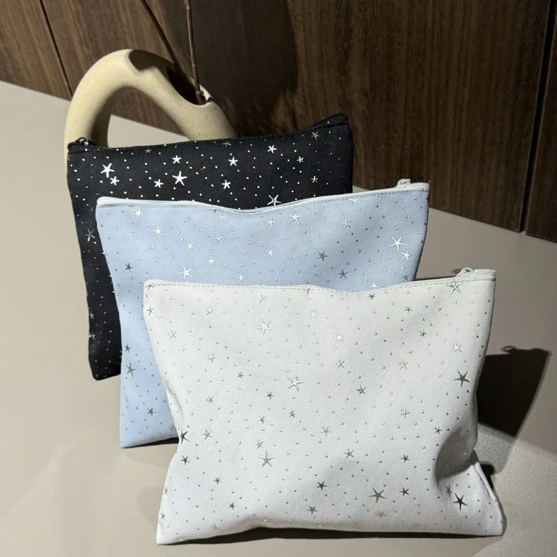 Silver Star Print Cosmetic Bag Portable Zipper Makeup Pouch Women Outdoor Travel Sundries Storage Organizer Case
