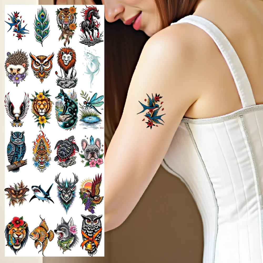 

28 шт., временная татуировка, наклейка с изображением льва, новая школьная традиционная наклейка с изображением акулы, наклейка с кроликом, временные татуировки, наклейки для женщин