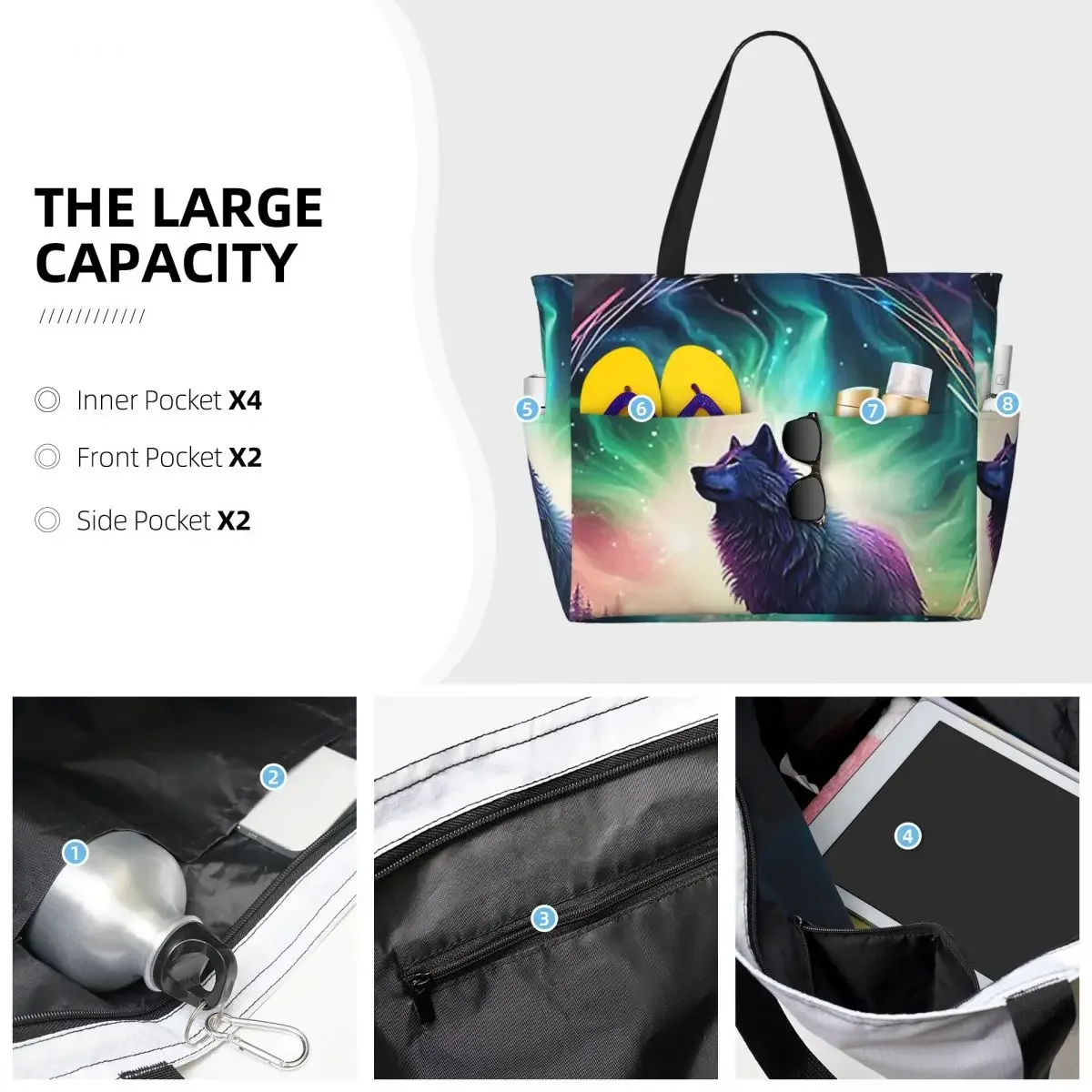 Wolf Northern Light Aurora Borealis Scenery Mountains Rivers Trees Beach Tote Bag Large Tote Bag Women Travel Bag Fitness bag