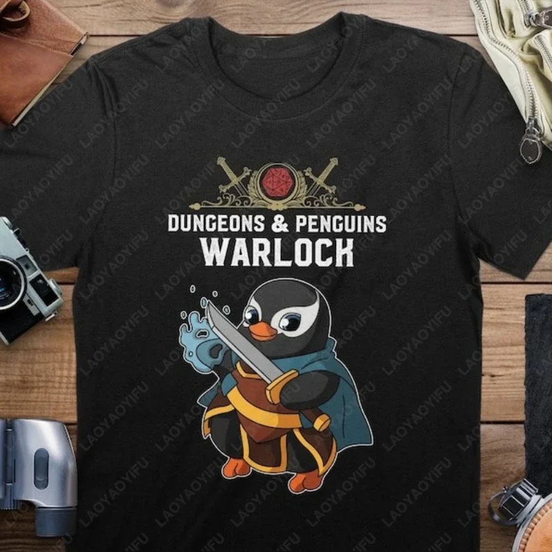Dungeons and Penguins Warlock Tshirt DND Inspired Gift D&D Fans Men Women Cotton Tops Tabletop D20 Dice RPG Dragons Gamers Tees