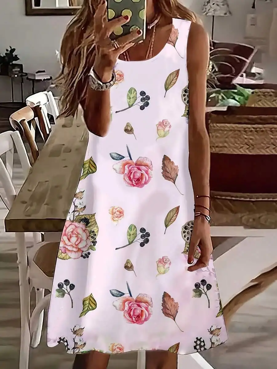 

Women Sleeveless Floral Rose Leaf Print Summer Vacation Party Dress