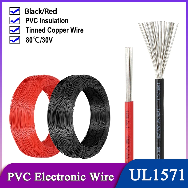 

5~500M Black/Red UL1571 Electronic Copper Wire 32 30 28 26 24 22 20 18 16AWG Environmenta PVC Insulated Tinned plated LED Line