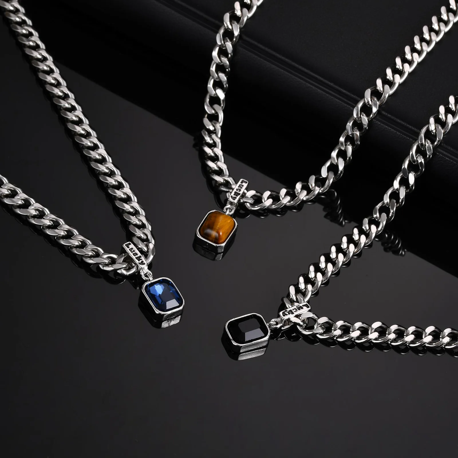Hiphop Chunky Cuban Chain Necklace for Men Boys,Stainless Steel Lucky Words Square Stone Pendant Collar,Trendy Birthday Gift