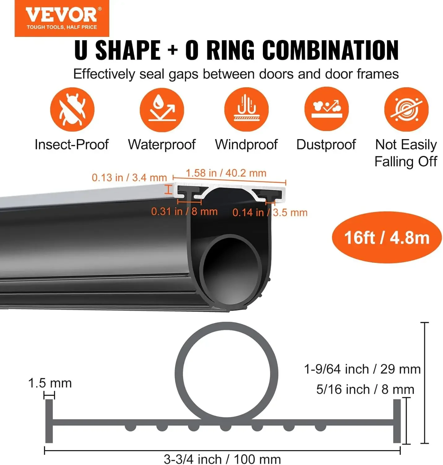 Garage Door Seals Bottom Rubber, U Shape +O Ring Combination Garage Door Weather Stripping with Pre-drilled Aluminum