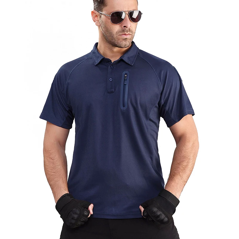 Summer Short Sleeve Tactical Shirt Men Performance Polo Shirts with Zipper Pocket Quick Dry Outdoor Travel Hiking Shirt USA Size