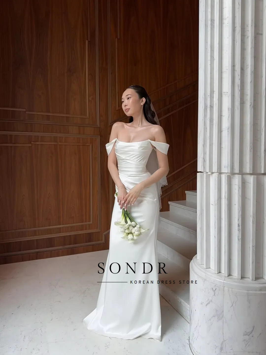 Sondr Off Shoulder Elegant Wedding Receipt Dresses Korea Photo shoot Silk Satin Floor Bridal Gowns Corset Back Simple Customize