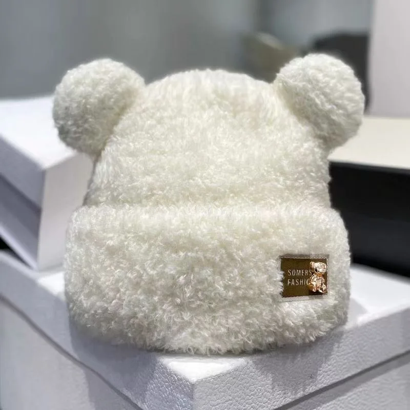 Winter women\'s thickened knitted hat Korean version cute bear plush warm knitted hat small face hat gorros invierno hombre