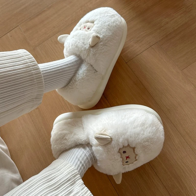 

Women Lovely Sheep Fluffy Slippers Men Fashion Animals Non-slip Plush Slides Lovers Soft Warm Cartoon House Shoes For Winter