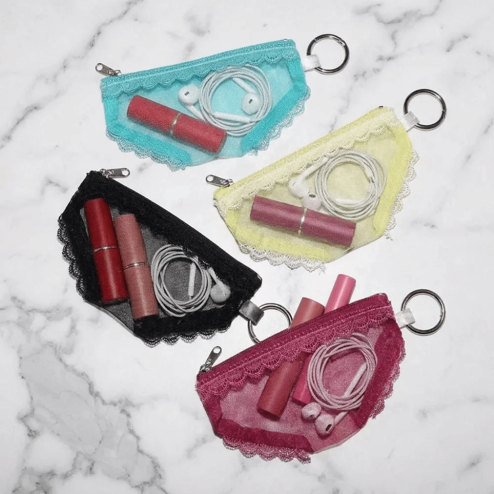 Image of Modische Netz-Slip-Tasche, transparente Kosmetiktasche mit Spitzenbesatz, Make-up-Aufbewahrungsbeutel, dekorativ mit Reißverschluss, Schmuck-Organizer, Kopfhörer-Etui