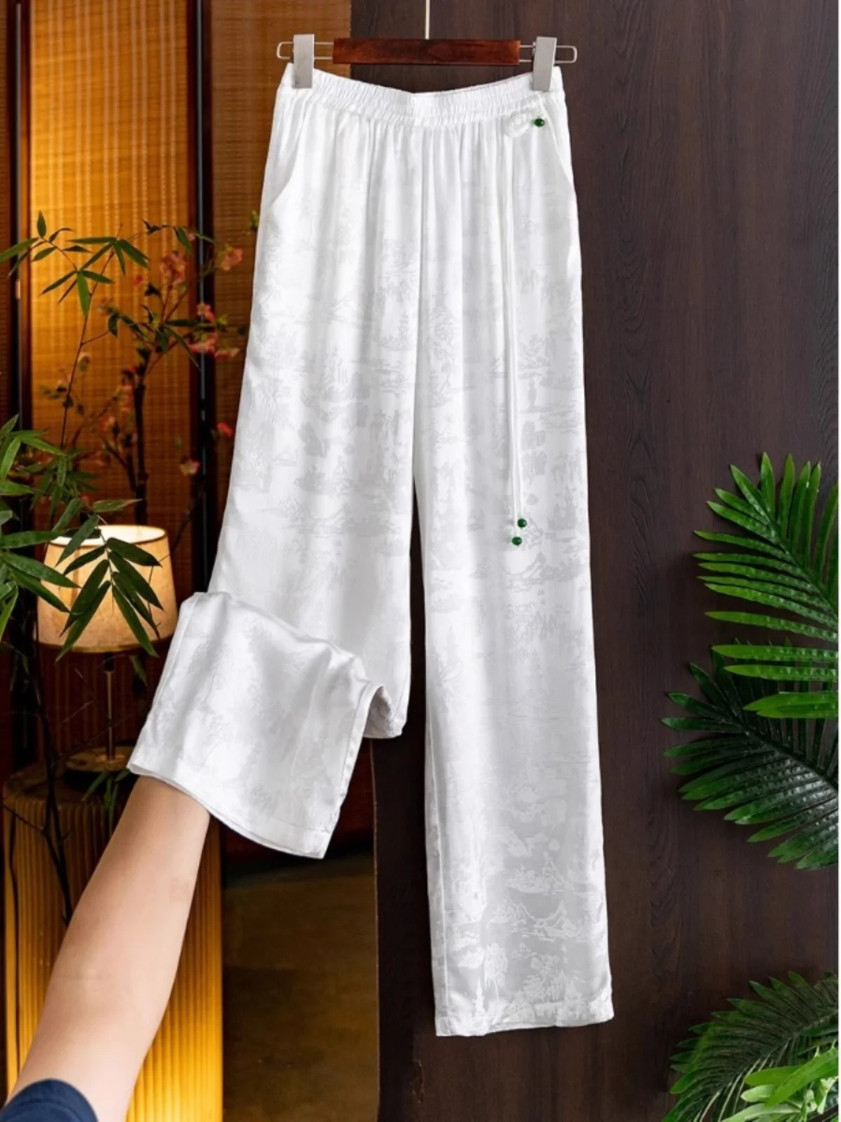 Nuovi pantaloni a gamba larga a vita alta cinesi Sle Pantaloni casual dritti in acetato dimagrante ad alta elasticità estiva da donna