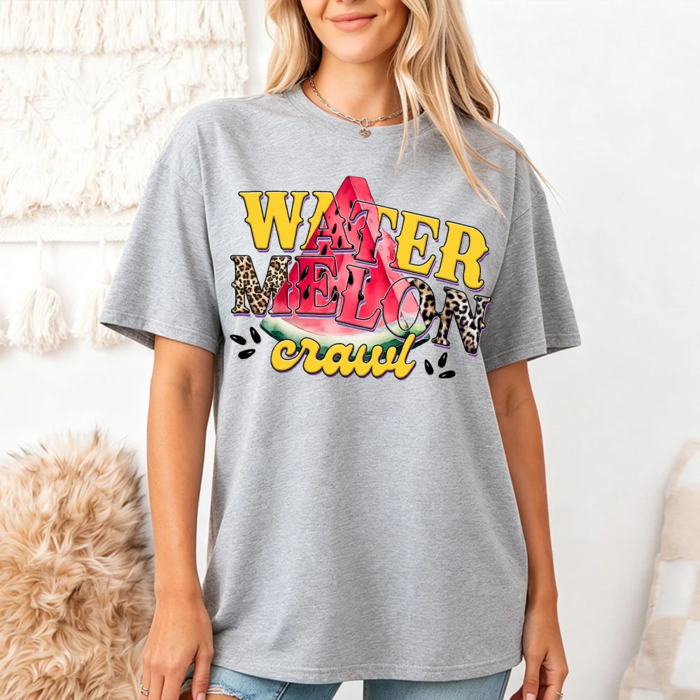 Vintage Watermelon Crawl Leopard Text T Shirt Women Summer Fruit Tee Retro Colorful Graphic Top Casual Holiday Party Wear