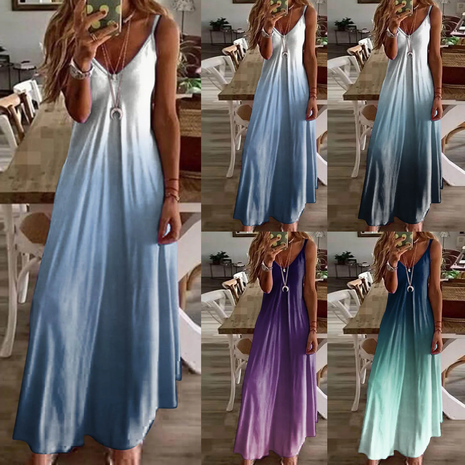 

Women's Summer Fashion Gradient Tie Dye Sleeveless Halter Long Dress Boho Beach Holiday Casual Dress Loose Large Size Sundress