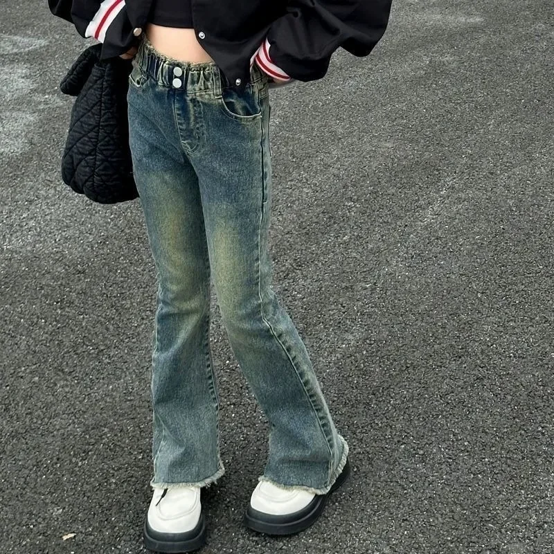 Stretch Petite Flared Jeans for Girls 2025 Spring/Summer Kids Clothing Trendy Big Kids Jeans with Ankle Flare (Height 120-160cm)