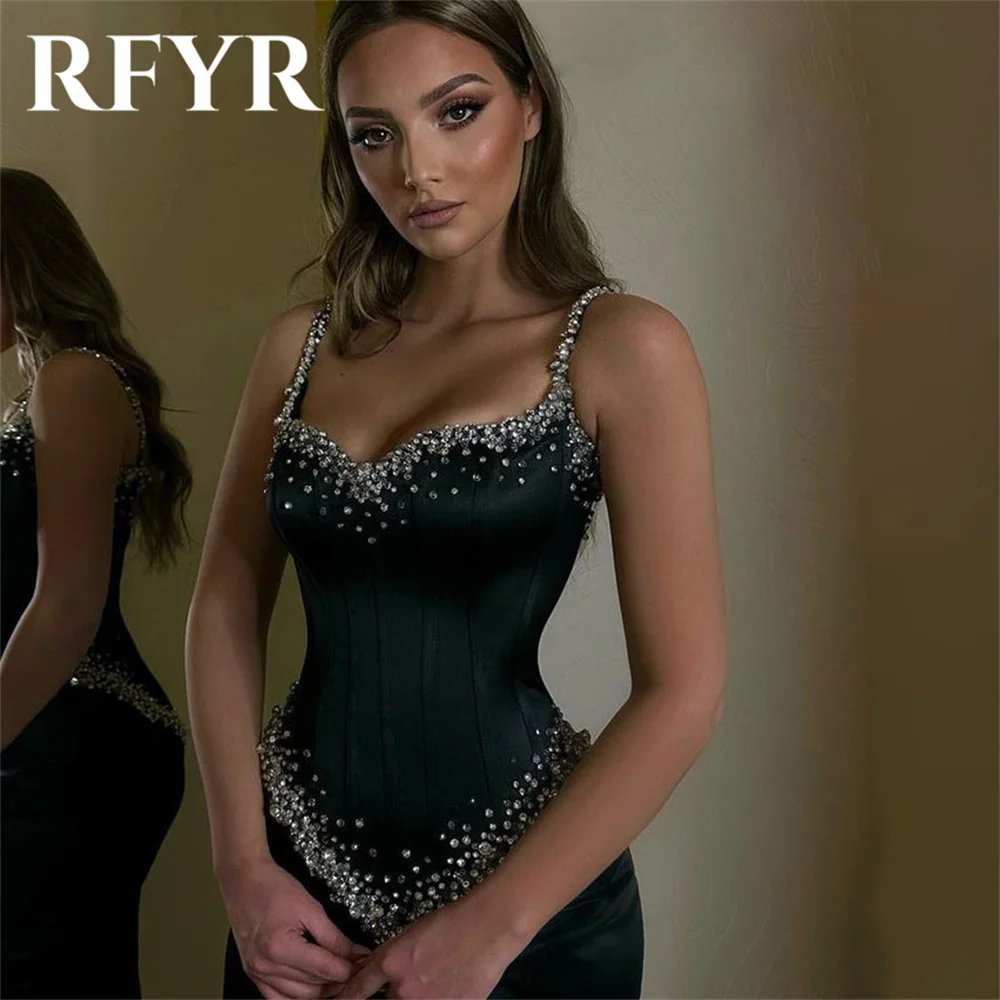 Rfyr preto elegante cinta de espaguete vestido de noite feminino com pregas sem mangas lantejoulas colher trompete vestidos de baile vestido personalizado