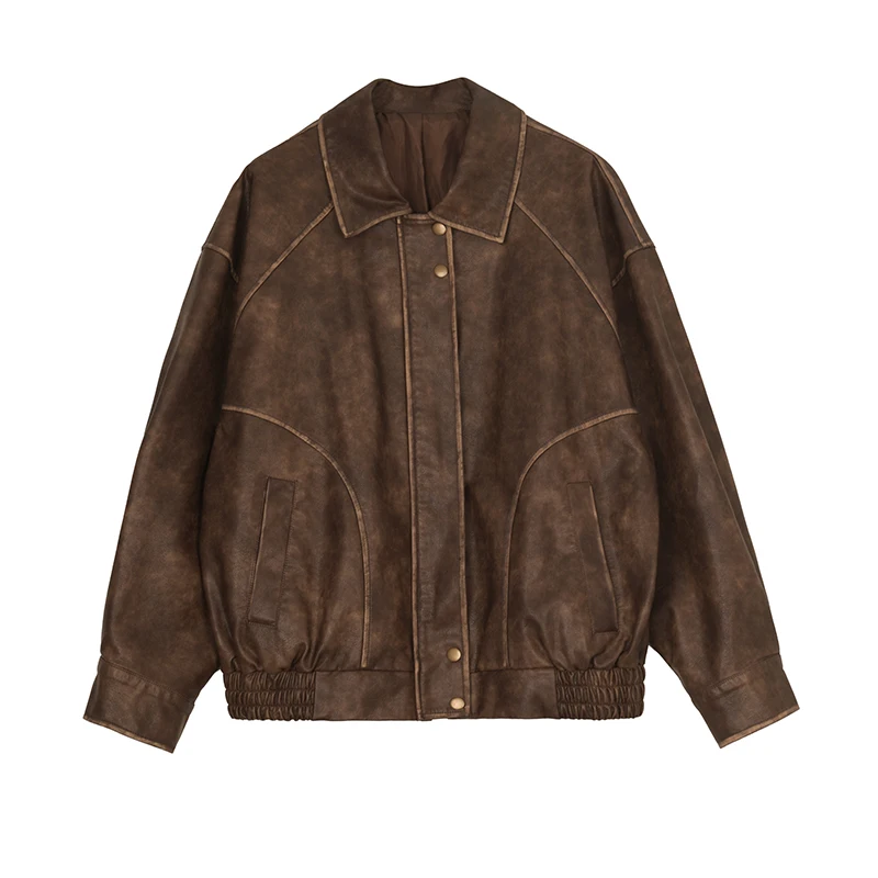 Spring and Autumn  Retro Distressed Brown Leather Jacket American Sweet Cool Motorcycle Pu Leather Jacket Short Jacket