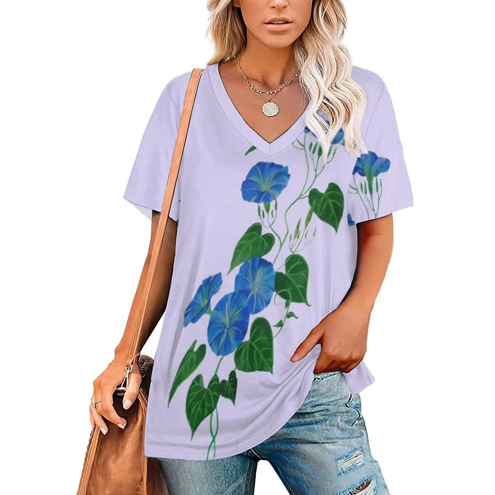 Camiseta de manga corta con volantes para mujer, camisa con cuello en V, estilo Morning Glory, flor silvestre, vid, Ipomea