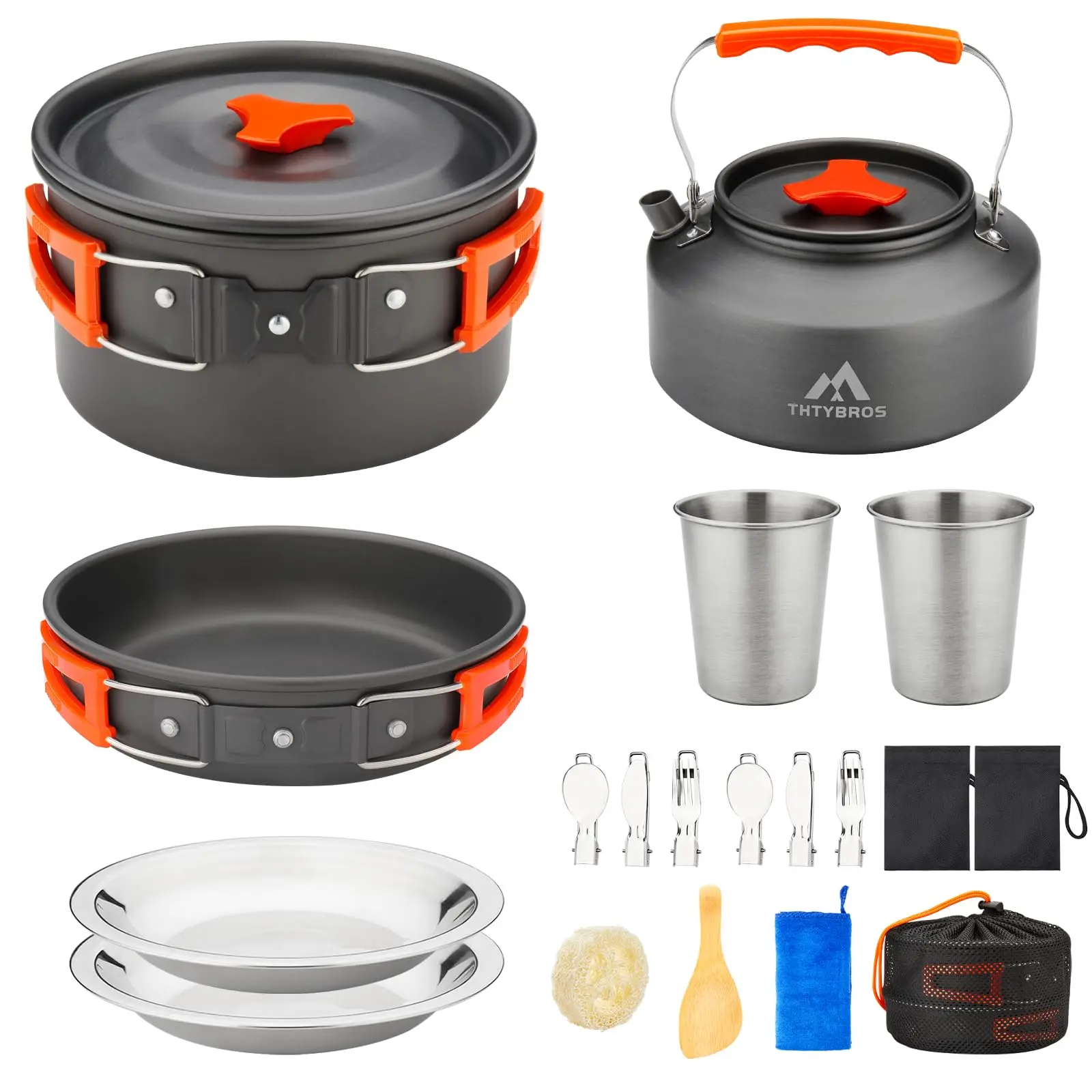 

17-Piece Camping Cookware Kit 0.45Gal Pot 7in Pan 0.3Gal Kettle Stainless Steel for Hiking