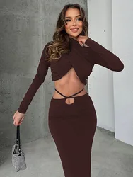 Mozision Sexy Skirt Two Pieces Sets For Women Long Sleeve Lace-up Crop Top And Long Skirt Elegant Bodycon Sexy Two Pieces Sets