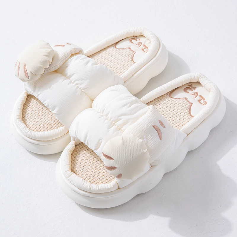 Casual Platform Slippers Women Home Cute Cartoon Cat Designer Shoes Girls Linen Fashion Popular Elegant House Slippers Open Toe