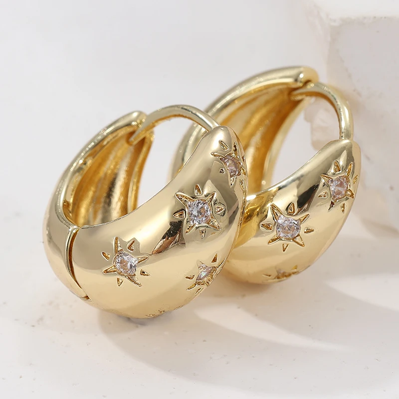 Glattglänzende Stern-Zirkon-Creolen für Damen, gold-/silberbeschichtetes Metall, klobige Ohrclips, Punk Y2K, eleganter Schmuck