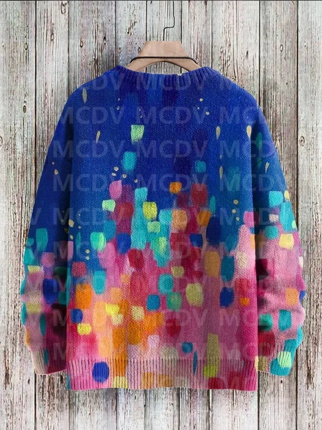 Sweater rajut pria wanita, Pullover rajut warna biru grafiti kasual pria dan wanita