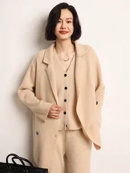 High-end Women 100% Cashmere Cardigan Autumn Winter Turn-down Collar Knitted Sweater Coat  Double breasted suit cashmere jacket