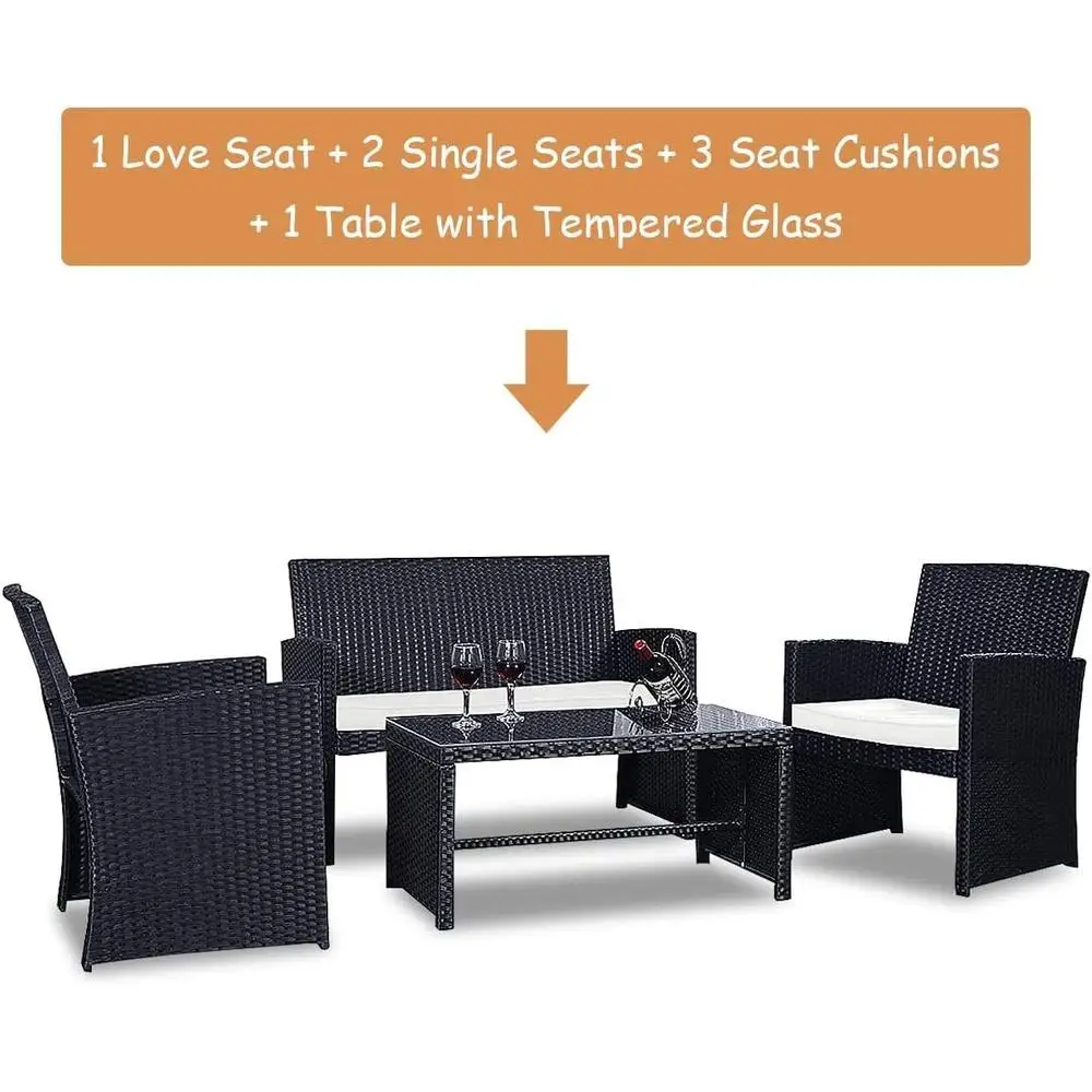 4-teiliges Rattan-Sofa-Set mit weichen Kissen, Tisch aus gehärtetem Glas, Terrassenmöbel, Garten-Lounge, modulares Design